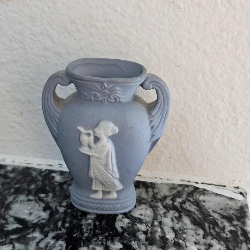 Vintage Blue Jasperware Style Miniature Bud Vase Greek Goddess‎ Japan 3.25